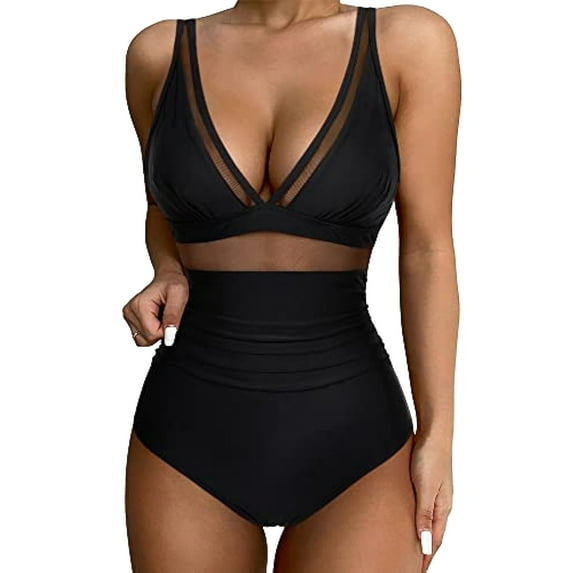 Puntoco Swimsuit for women 2025 Clearance Women's High Waisted Bikini Sets Tummy Control Swimsuits Two Piece Color Block Modest Bathing Suit Black 4(S)