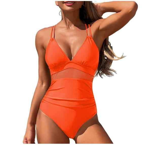 Puntoco Swimsuit for women Women's One Piece Swimsuit Crisscross Tummy Control Bathing Suit High Waisted Ruched Classic Retro Swimwear Orange 16-18(XL)