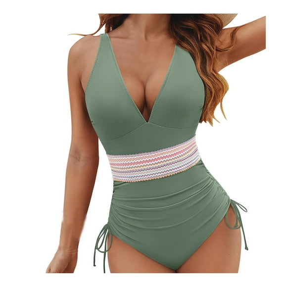 Puntoco Swimsuit for women Women's One Piece Swimsuits Tummy Control Bathing Suit V Neck Swimwear Adjustable Straps Army Green 16-18(XL)