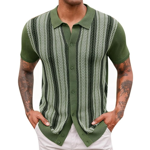 Puntoco Tank top for Men Men's Knit Polo Shirts Short Sleeve Vintage Striped Casual Golf Polo Classic Collared T Shirt Green XL(XL)