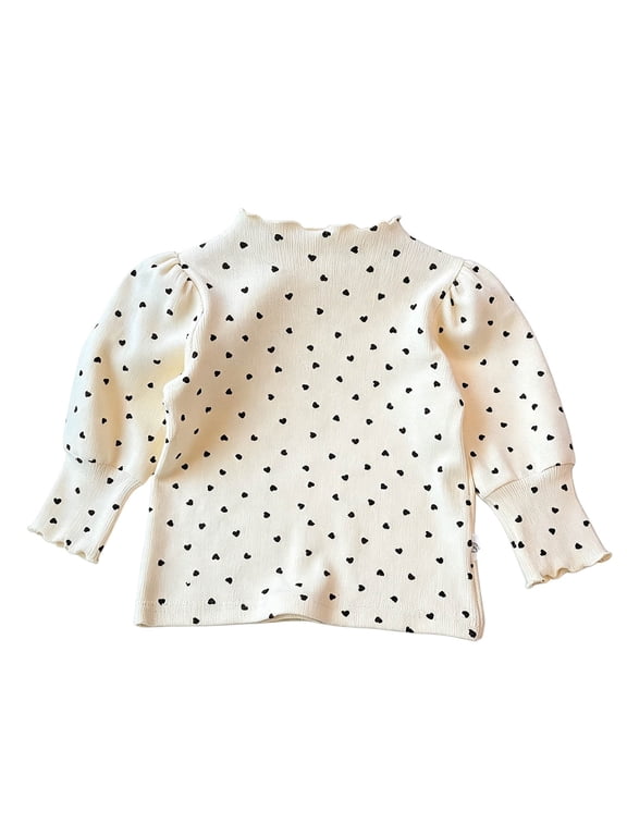 Toddler Girls Ruffle Bubble Sleeve Top Heart Print Casual Long Sleeve Tee White 1-2 Years