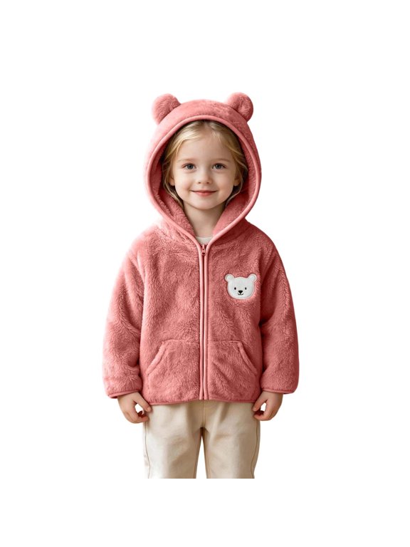 Toddler Kids Bear Ear Fleece Jacket Hooded Zip-Up Plush Winter Coat Pink 12-18 Months