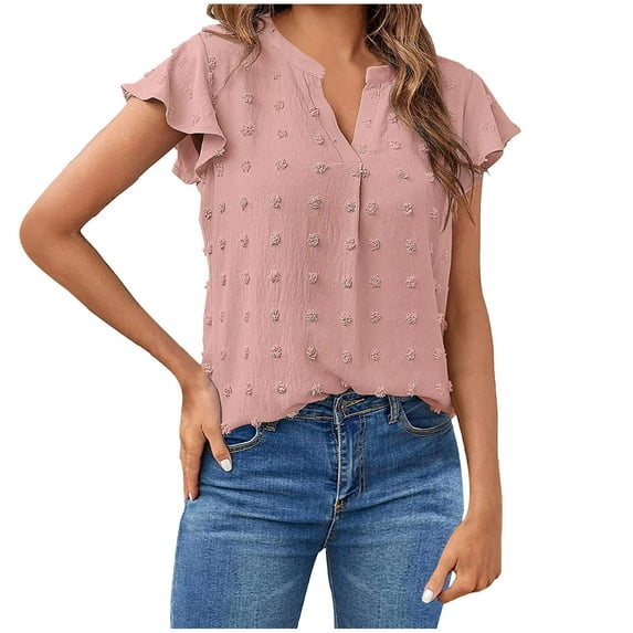 Puntoco Tops Blouses for women Clearance 2025,Women Lace Short Sleeve Shirts Dressy Casual Tops Summer Tee Shirt Pink XL(XL)