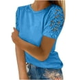 thumbnail image 1 of Puntoco Tops Blouses for women Clearance 2025,Women Ladies Solid Short Sleeve Round Neck Pullover Lace Tops Blouse Blue L(L), 1 of 5