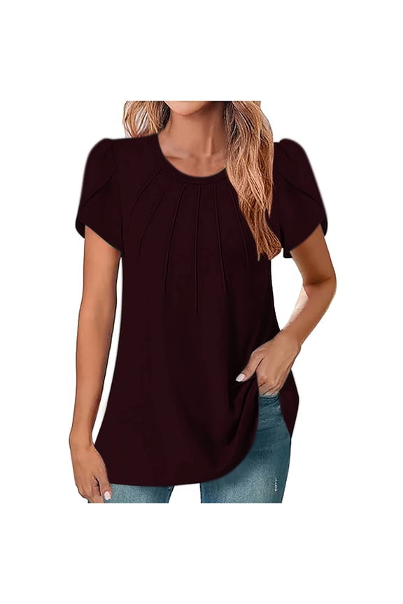 Tops Blouses for women ,Women's New Solid Color Round Neck Pleated Sleeve Solid Color T-shirt Top Red XL(XL)