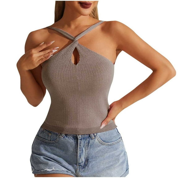 Puntoco Tops Blouses for women ,Women's One-Shoulder Ribbed Knit Sleeveless Crop Top Vest Khaki 6(M)