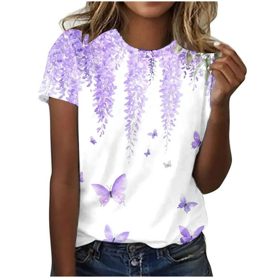 Puntoco Tops Blouses for women Clearance 2025,Women's Print Casual Short-sleeved Top Short-sleeved Crew Neck Top/shirt Multicolor XL(XL)
