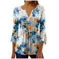 thumbnail image 1 of Puntoco Tops Blouses for women Clearance 2025,Womens Tops Casual V Neck Shirts Floral Solid Blouse Ruffle Tunics 3/4 Sleeve Tshirt Blue XXL(XXL), 1 of 5