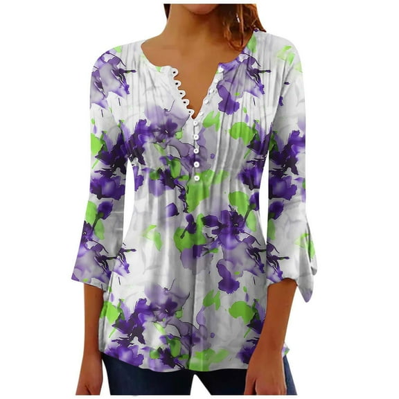 Puntoco Tops Blouses for women ,Womens Tops Casual V Neck Shirts Floral Solid Blouse Ruffle Tunics 3/4 Sleeve Tshirt Purple XL(XL)