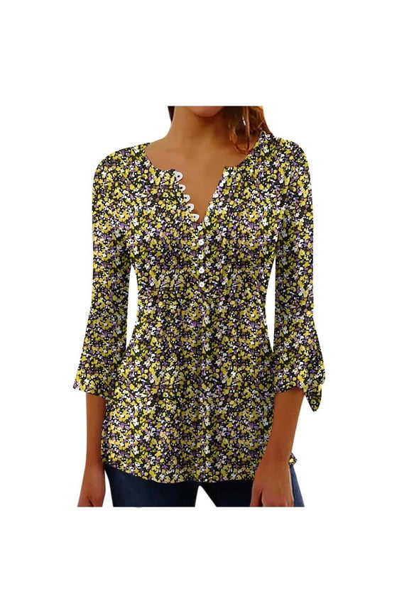 Tops Blouses for women ,Womens Tops Casual V Neck Shirts Floral Solid Blouse Ruffle Tunics 3/4 Sleeve Tshirt Yellow L(L)