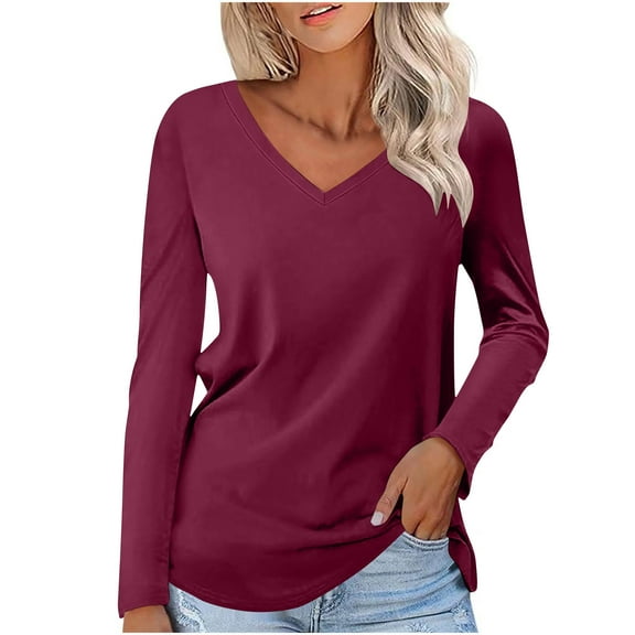 Puntoco Tops Blouses for women Women Long Sleeve V Neck Shirts Loose Fit Casual Tunic Tops with Pocket Curved Hem T-shirt Wine 6(M)