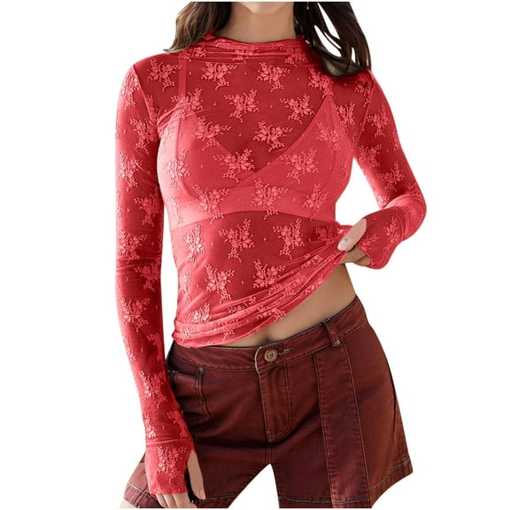 Puntoco Tops Blouses for women Women's Mesh Top Long Sleeve Mock Neck Sheer Blouse See Through Floral Lace Tops Red 10(XL)