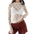 thumbnail image 1 of Puntoco Tops Blouses for women Women's Mesh Top Long Sleeve Mock Neck Sheer Blouse See Through Floral Lace Tops White 8(L), 1 of 6