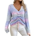thumbnail image 1 of Puntoco Tops Blouses for women Clearance Women's New Tie Mixed Color V-neck Sweater with Hollowed Out Drawstring Knit Sweater Purple 6(M), 1 of 1