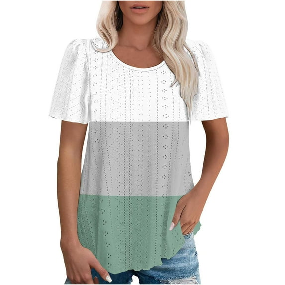 Puntoco Tops Blouses for women ,Tops for Women Trendy Summer Casual Cap Short Sleeve Basic Textured Solid Color Round Neck T Shirts Blouse Green S(S)