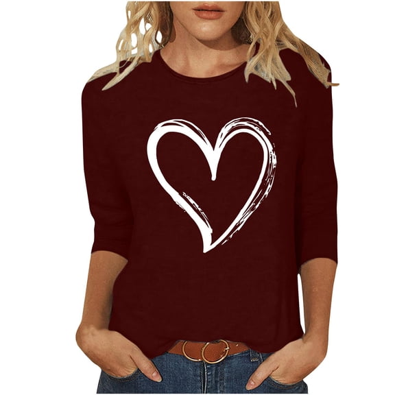 Puntoco Tops Blouses for women ,Women's Casual 3/4 Sleeve T-Shirts Round Neck Cute Tunic Tops Basic Tees Blouses Loose Fit Pullover Wine S