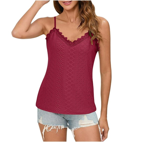Puntoco Tops Blouses for women Clearance 2025,Womens Lace Camisole Tops V Neck Spaghetti Strap Cute Top Sleeveless Blouses Loose Fit Eyelet Tops for Women Wine 12(XXL)