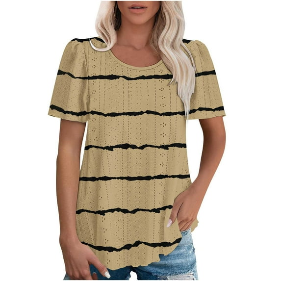 Puntoco Tops Blouses for women ,Womens Summer Tops Color Block Shirts Casual Crewneck Oversized Tshirts Ribbed Knit Tees Blouse Khaki XXL(XXL)