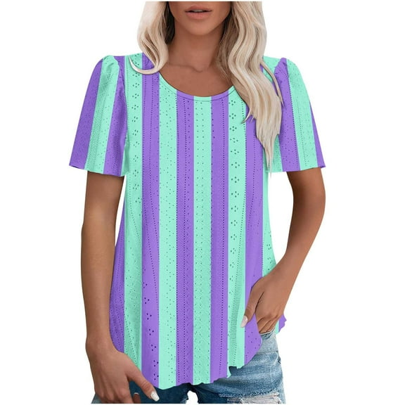 Puntoco Tops Blouses for women ,Womens Summer Tops Color Block Shirts Casual Crewneck Oversized Tshirts Ribbed Knit Tees Blouse Light Blue XXL(XXL)