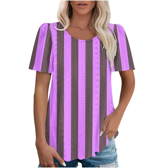 Puntoco Tops Blouses for women Clearance 2025,Womens Summer Tops 2025 Color Block Shirts Casual Crewneck Oversized Tshirts Ribbed Knit Tees Blouse Purple XXL(XXL)