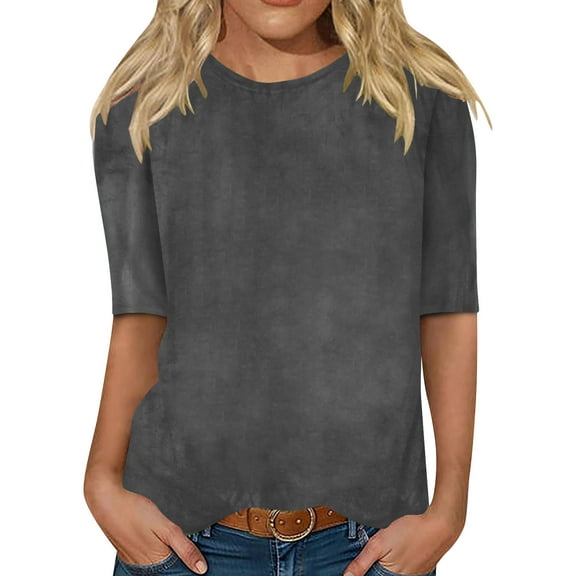 Puntoco Tops Blouses for women 3/4 Length Sleeve Womens Tops Casual Loose Fit Crewneck T Shirts Cute Solid Three Quarter Length Tunic Tops Gray 4(S)