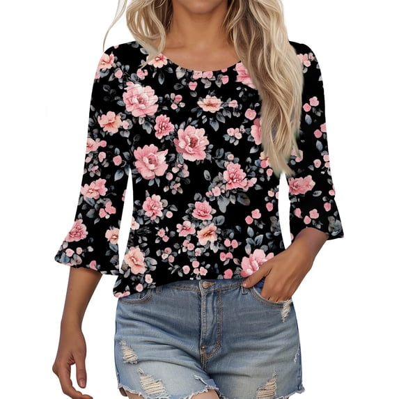 Puntoco Tops for Women 3/4 Length Sleeve Womens Tops Dressy Casual Shirts Ruffle Bell Sleeve Front Pleated Fasion Trendy Summer Blouses Multicolor M(M)