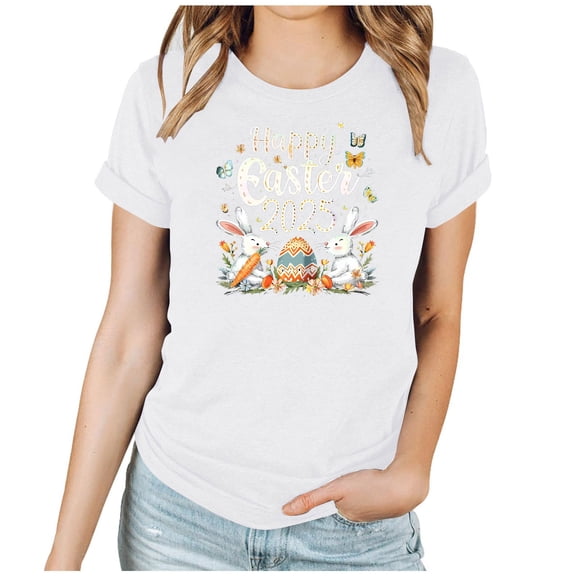 Puntoco Tops for Women Plus Size Happy Easter Graphic Spring Shirt Cute Letter Printed Blouse Tees Women Casual Short Sleeve Tops White XXL(XXL)