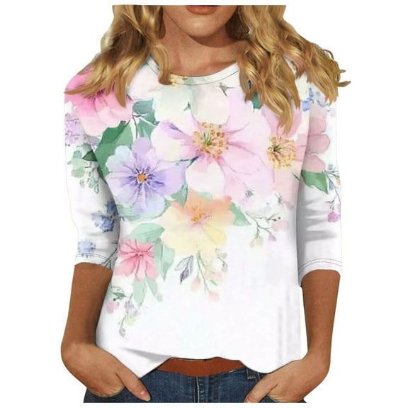 Puntoco Tops for Women Women'S Loose Medium Long Sleeve 3/4 Sleeve Fashion Floral Print Crew-Neck Top T-Shirt Long Sleeve Crew-Neck Top/Shirt Multicolor M(M)