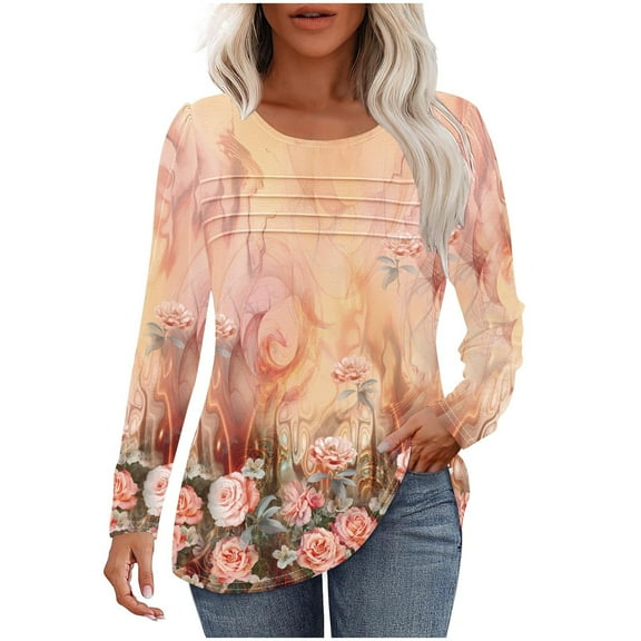 Puntoco Tops for Women Women'S Puff Long Sleeve Tunic Tops Pleated Crew Neck Blouses Dressy Casual Loose Fit Winter and Spring Shirts Multicolor S(S)