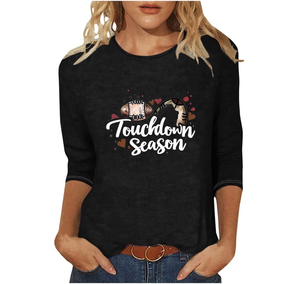 Puntoco Tops for Women Ladies' Printed Round Neck Three Quarter Sleeve 3/4 Sleeve T-Shirt Loose Top Black S(S)