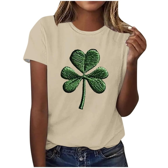 Puntoco Tops for Women St. Patrick Day Shirt Women: Green Shamrock Tee Clover Vintage Tee Top Four Leaf Retro T Shirts Beige S(S)