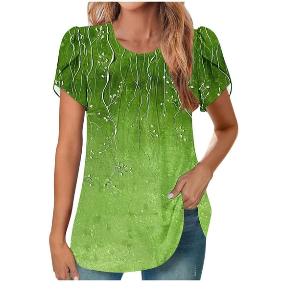Puntoco Tops for Women Women'S Short Sleeve Round Neck Cover Casual Pleated Tunic Top Curved Hem Printed Fashion Top Green S(S)