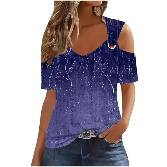 Puntoco Tops for Women 2025 Clearance Women'S Short-Sleeved off-the-Shoulder Cutout Casual Printed Top Purple XL(XL)