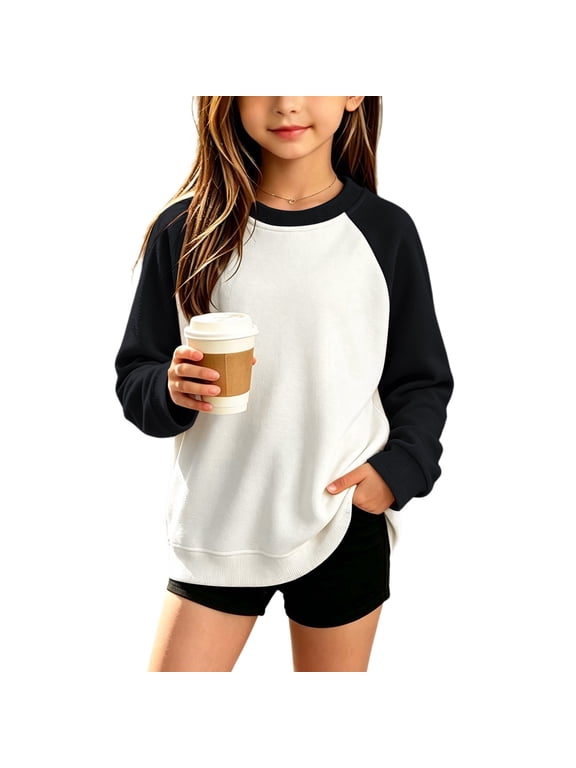 Unisex Kids Raglan Color Block Crewneck Sweatshirt Soft Fleece Lined Long Sleeve Warm Casual Hoodless Pullover top White 14-15 Years