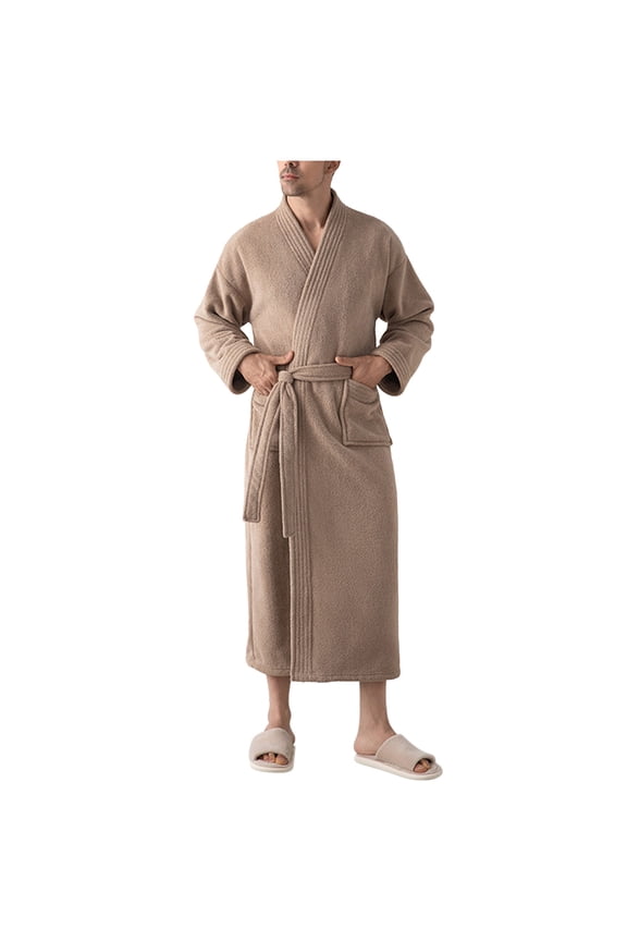 Unisex Quilted Bathrobe Robe, Kimono V Collar Self Tie Belt Full Length Warm Plush Robe with Pockets, Oversized Big & Tall Men Women Winter Loungewear Sleepwear Khaki-A M