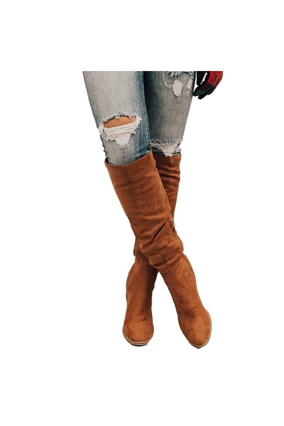 Winter Warm Boots Clearanc Large Size Women Long Tube Thick Heel Shoes Zipper Pointed Brown 6.5(38)