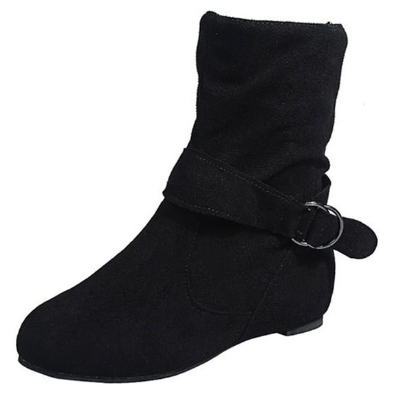 Puntoco Winter Warm Boots Clearanc Retro Women Vintage Plain Buckle Zipper Casual Inner Heightenin Low Heels Zipper Fall Winter Short Round Toe Shoes Black 7.5(40)