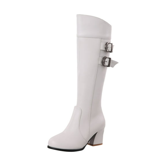 Puntoco Winter Warm Boots Clearanc Women High Heel Square Heel Shoes Pointed Zip Shoes Winter Leather Knee-High White 9.5(43)