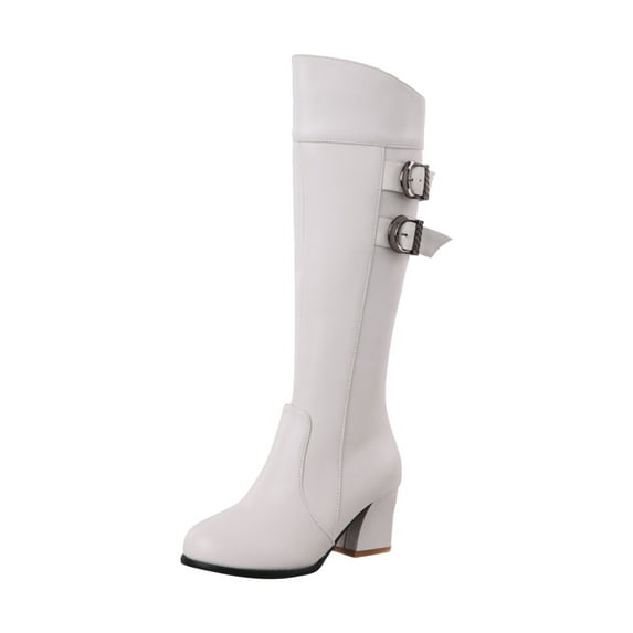 Puntoco Winter Warm Boots Clearanc Women High Heel Square Heel Shoes Pointed Zip Shoes Winter Leather Knee-High White 9.5(43)