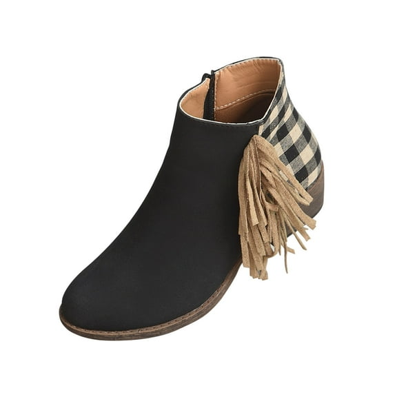 Puntoco Winter Warm Boots Clearanc Women'S Shoes Casual Fringe Plaid Fringed Splicing Retro Frosted Suede Mid Heel Black 7.5(40)