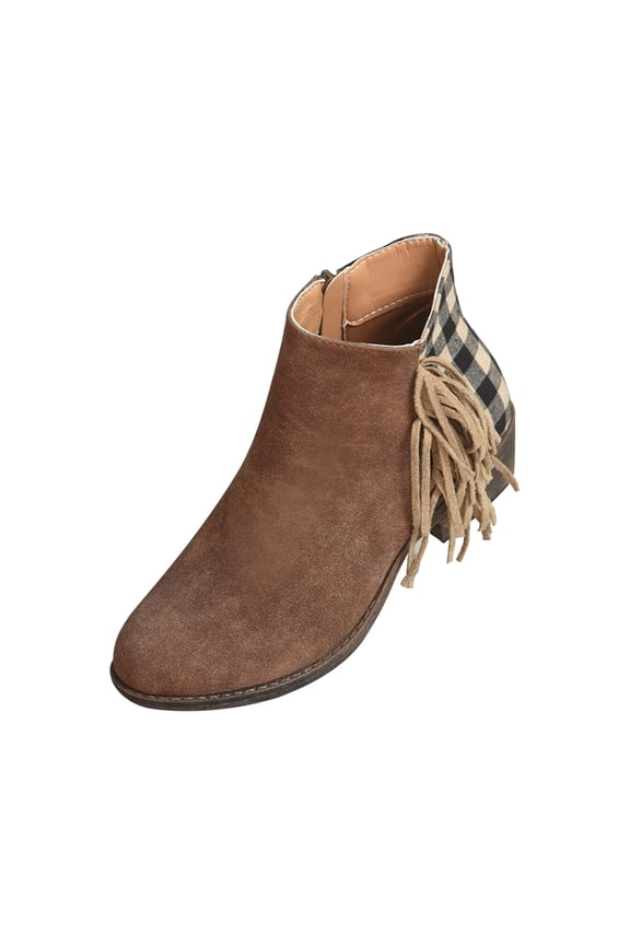 Winter Warm Boots Clearanc Women'S Shoes Casual Fringe Plaid Fringed Splicing Retro Frosted Suede Mid Heel Brown 6(37)