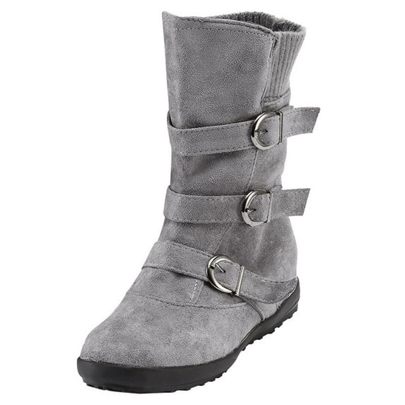 Puntoco Winter Warm Snow Boots Clearanc Women Suede Round Toe Zipper Flat Pure Color Buckle Strap Keep Warm Snow Gray 7(39)
