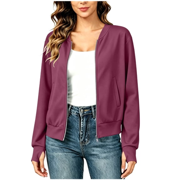 Puntoco Woman Fashion Solid Color V-Neck Zipper Pocket Long Sleeves Tops Jacket Coat Purple XXL