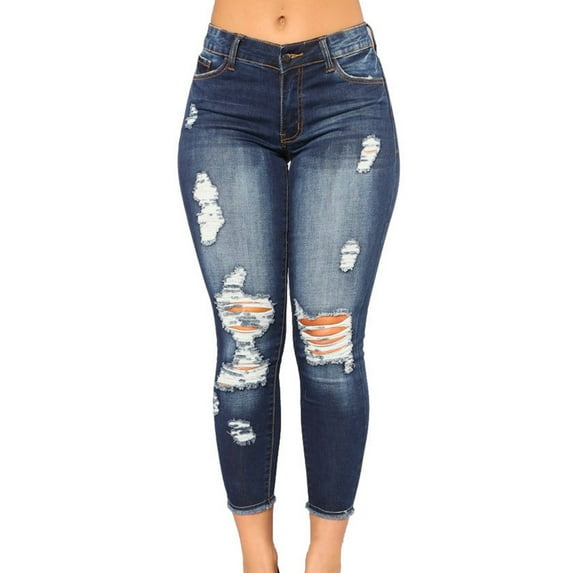 Puntoco Women Clearance Pants Ripped Denim Trousers Jeans Pants with Pockets Dark Blue