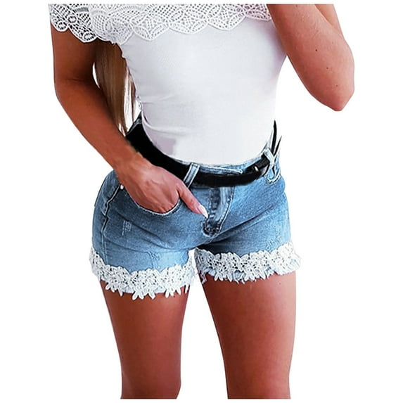 Puntoco Women Clearance Pants Slim Was Thin Elasticity Lace with Zipper Denim Shorts Light blue