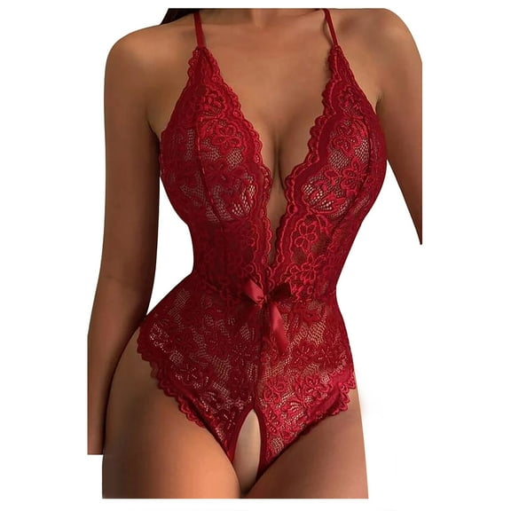 Puntoco Women Clearance Women Lingerie Lace Bowknot Open Crotch Temptation Babydoll Underwear Sleepwear Jumpsuit Bodysuits Pajamas Red L(L)