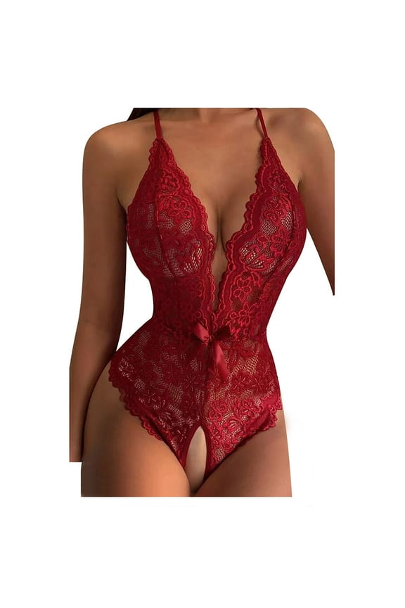 Women Clearance Women Lingerie Lace Bowknot Open Crotch Temptation Babydoll Underwear Sleepwear Jumpsuit Bodysuits Pajamas Red XXL(XXL)