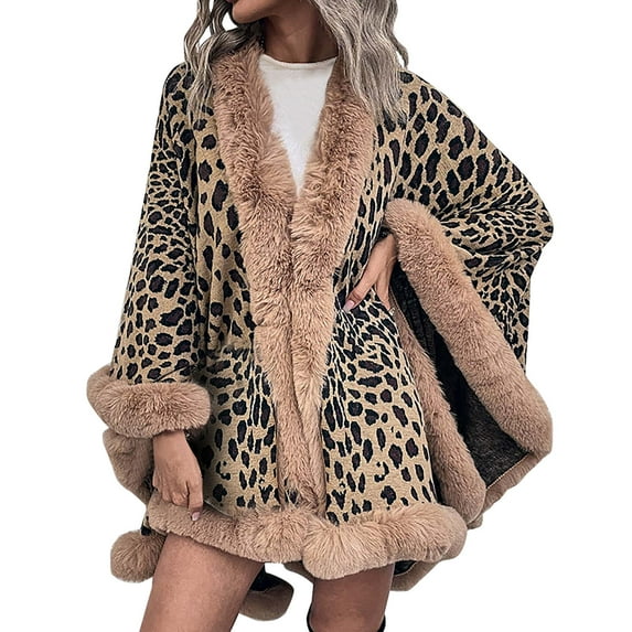Puntoco Women Clearance Women's Autumn Leopard Winter Ladies Hairball Cloak Shawl Tops Khaki One Size(One Size)