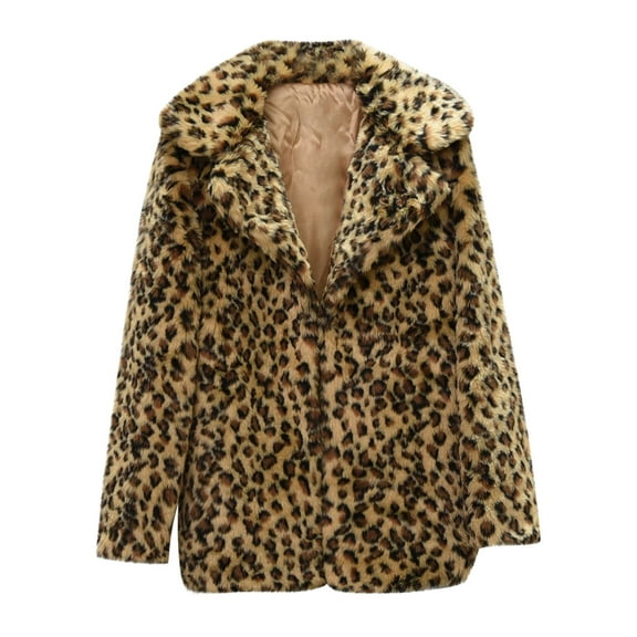 Puntoco Women Coat Clearance,Women Winter Warm Coats Coat Leopard Warm Furry Jacket Long Sleeve Outerwear Yellow 6(M)