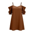 thumbnail image 1 of Puntoco Women Cold Shoulder Spaghetti Strap Solid Ruffle Short Sleeve Mini Dress, Loose Flowy off Shoulder Casual Party Loungewear Slip Nightgown Brown M, 1 of 5